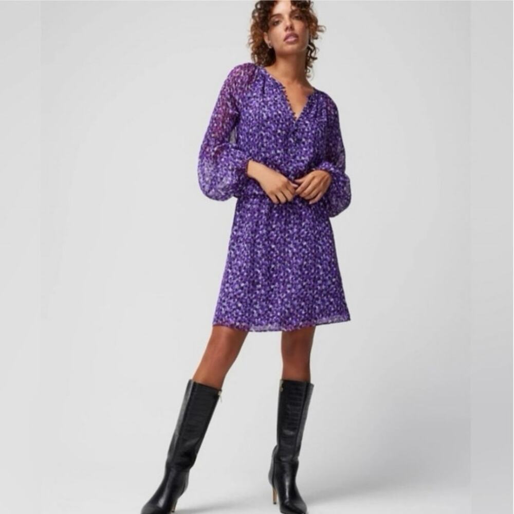 WHBM NWT Long Sleeve Smocked Waist Blouson Dress Speckled Dot Dark Violet Medium